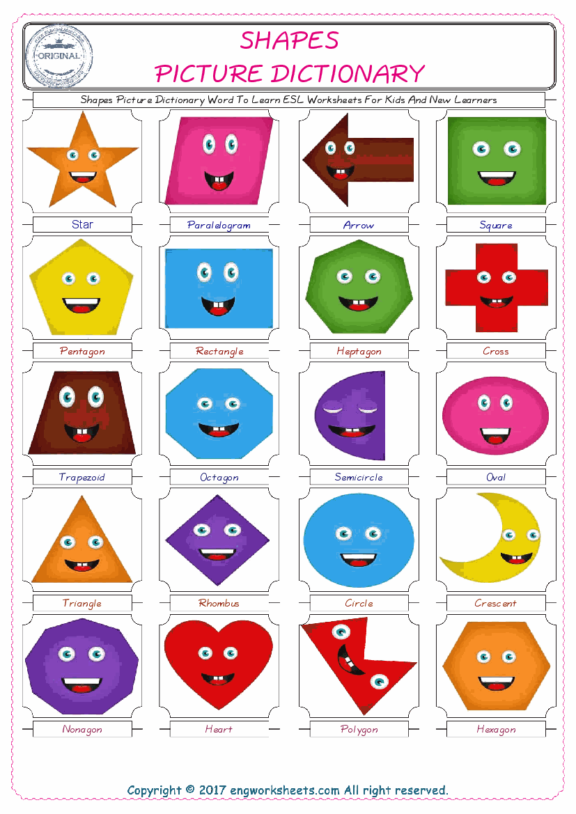  Shapes English Worksheet for Kids ESL Printable Picture Dictionary 
